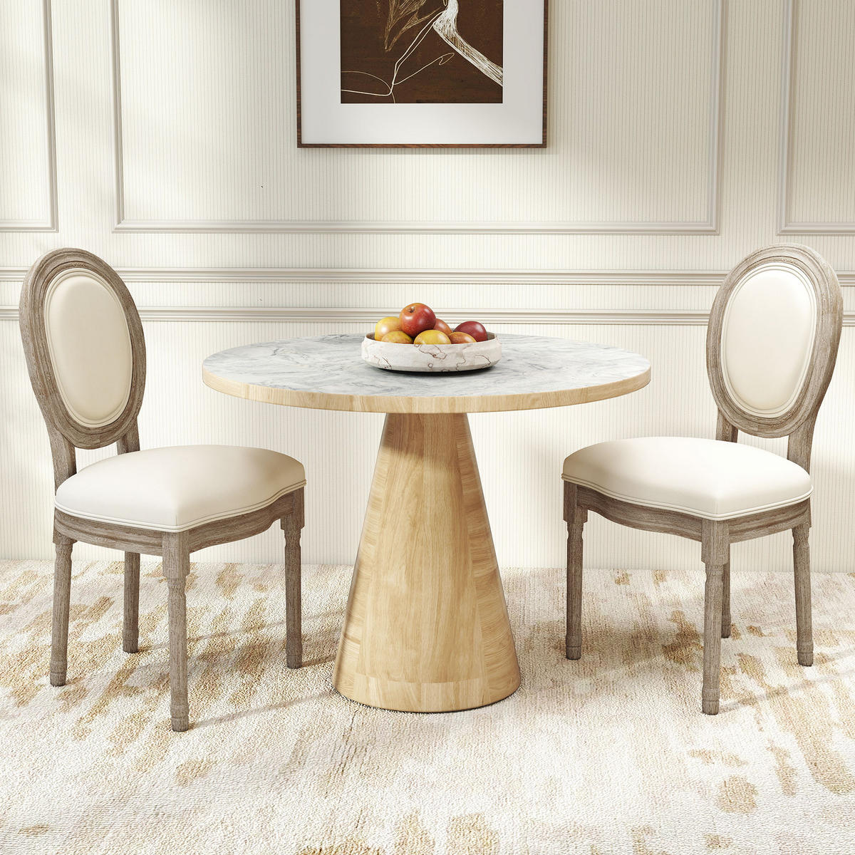 2ER Set Esszimmerstühle Küchenstuhl mit Rattan-Rückenlehne Linen-Touch - Creme, Kunststoff (56/96/49cm) - HOMCOM