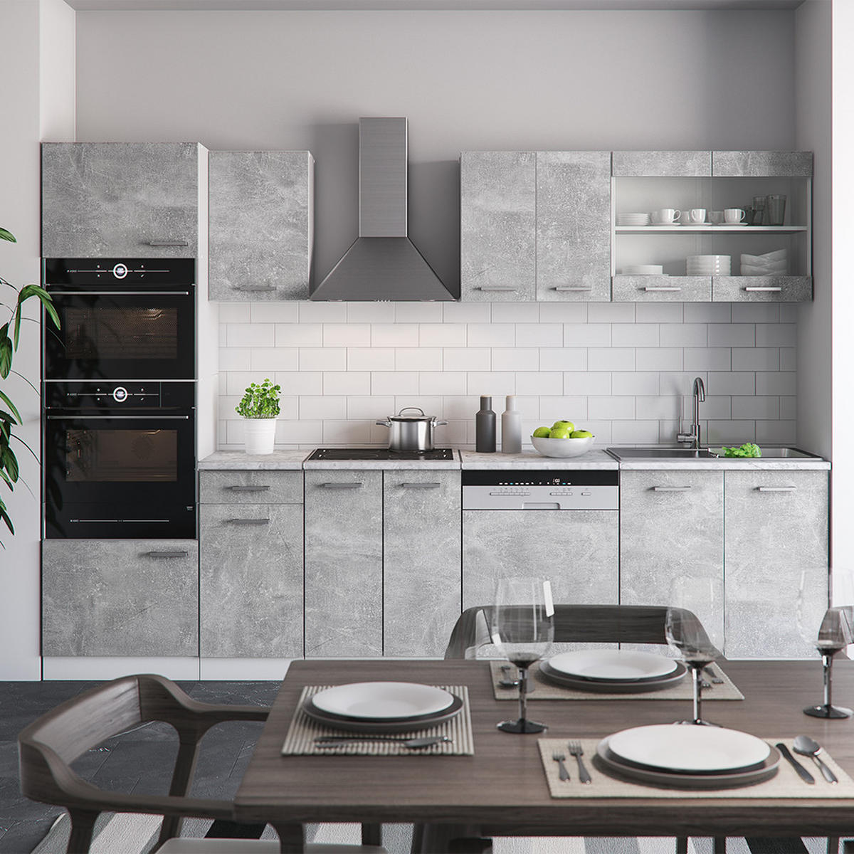 KÜCHENZEILE R-Line Beton/Weiß 300 cm mit Hochschrank, AP Anthrazit - Schieferfarben/Weiß, Holzwerkstoff (300/81.6/60cm) - Vicco