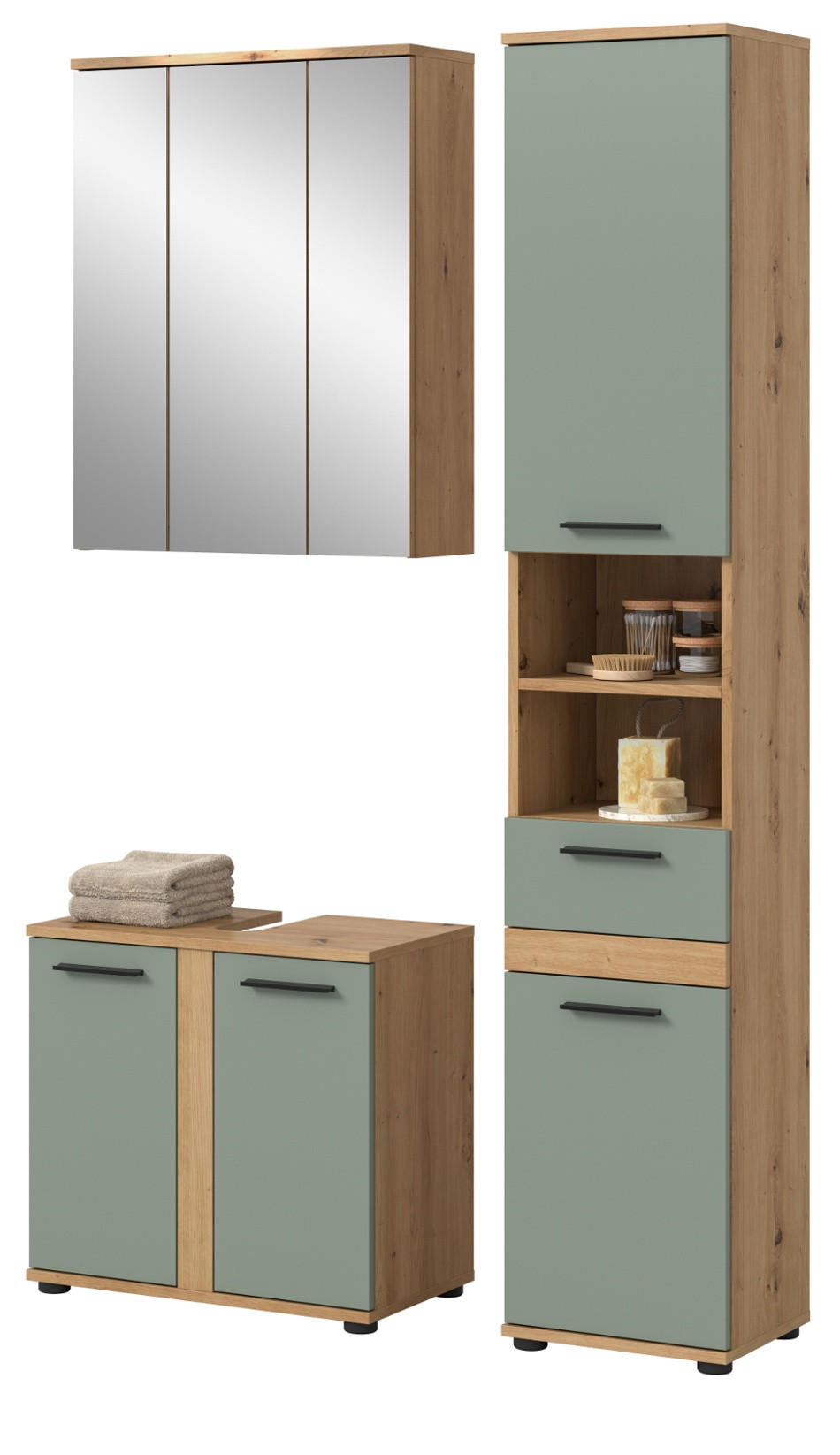 BADMÖBEL-SET Salbei grün, Eiche Artisan 112 cm 3-teilig, Badkombination in modernem Design - Salbeigrün/Schwarz, Glas/Holzwerkstoff (112/191/34cm) - Inn.Furn