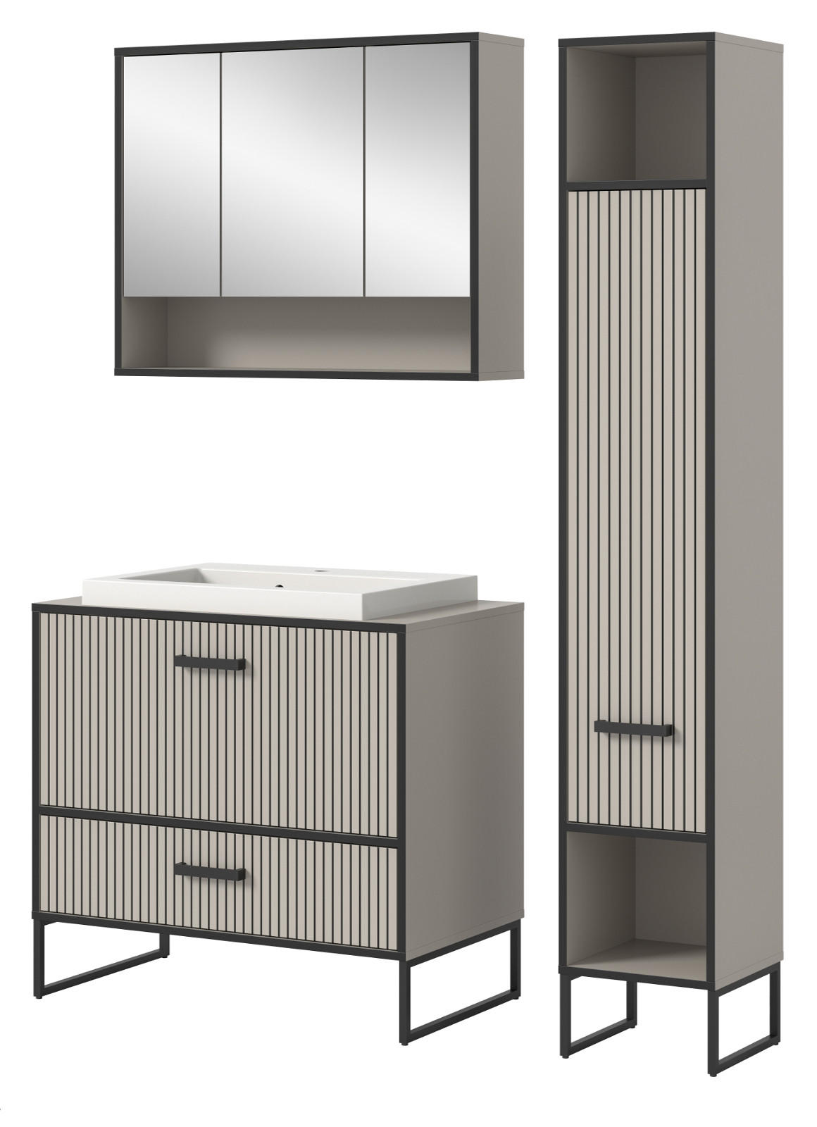 BADMÖBEL-SET schwarz, sand mit Waschbecken 125 cm, Kombination mit Soft-Close - Sandfarben/Schwarz, Glas/Keramik (125/192/48cm) - Inn.Furn