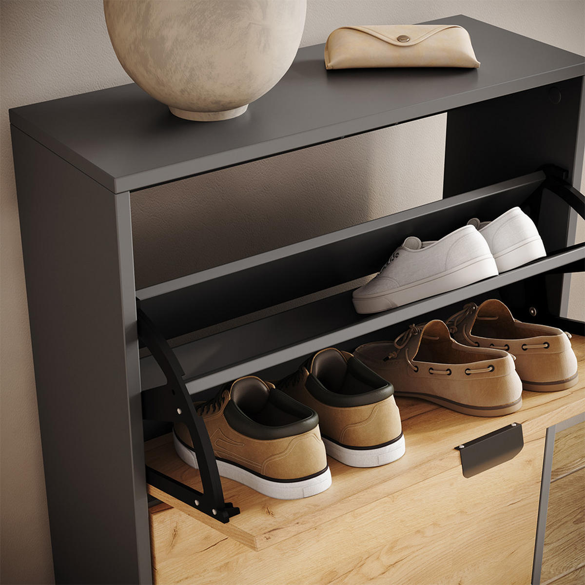 SCHUHKIPPER Gizmo, Goldkraft Eiche/Anthrazit, 59 x 77.6 cm mit 2 Fächern - Honigeiche/Anthrazit, Holzwerkstoff (59/77.6/22cm) - Vicco