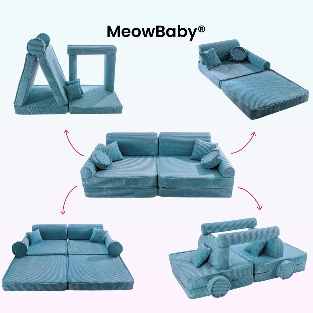 KINDERSOFA AESTHETIC 160 cm Cord Türkis 10 Stk - Blau, Textil (80/12/160cm) - MeowBaby