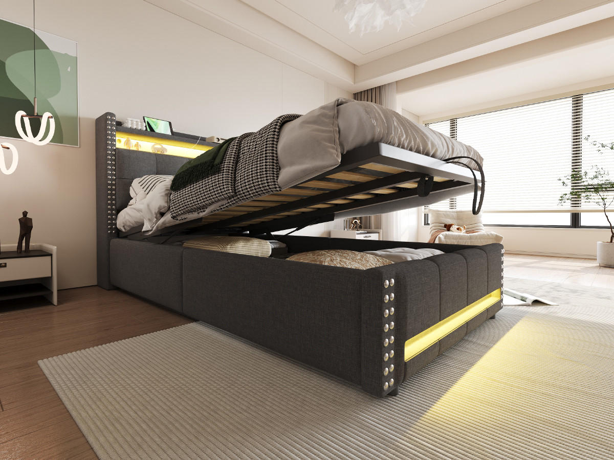 KINDERBETT 90x200 cm LED USB Stauraum grau - Grau, Textil (90/200cm) - LEBENLANG