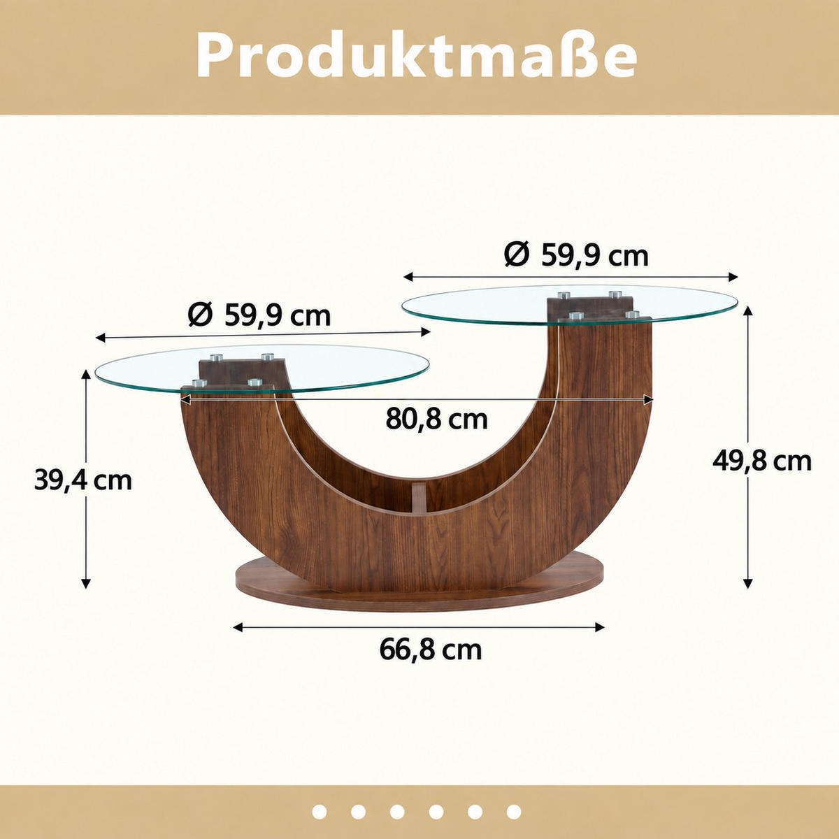 RUNDER Couchtisch 80,8/66,8/49,8 cm mit 2 Glasplatten und offenem Stauraum, Transparent/Walnuss - Transparent, Holzwerkstoff (80.8/66.8/49.8cm) - Redom