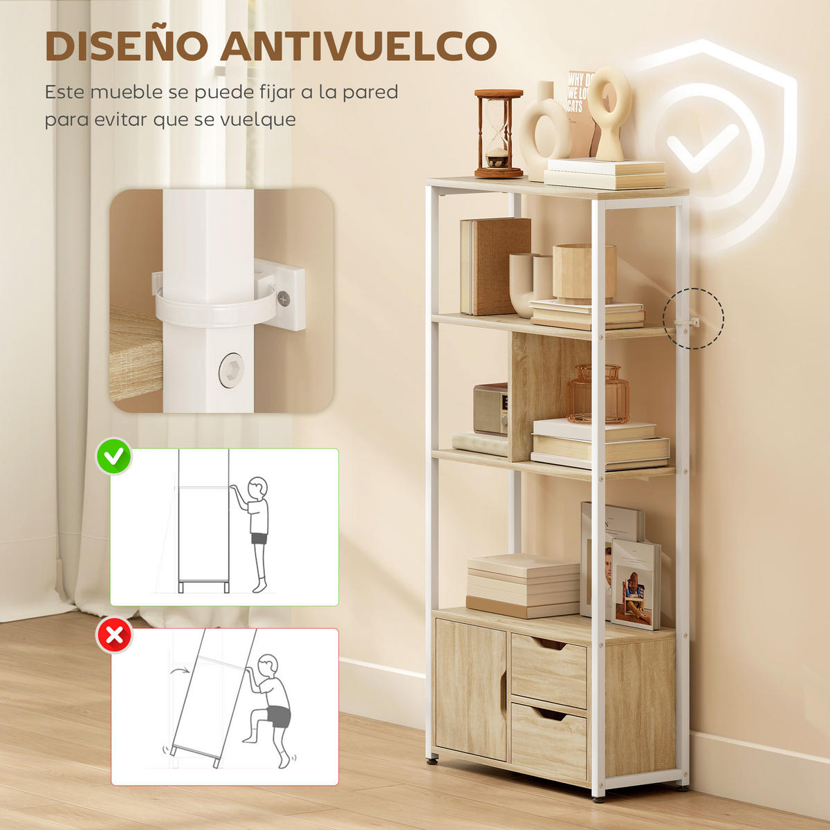 BÜCHERREGAL,BÖDEN Schubladen Tür Industriestil 58x24x122cm,weiß-naturholz - Weiß, Holzwerkstoff (58/122/24cm) - Vallsero