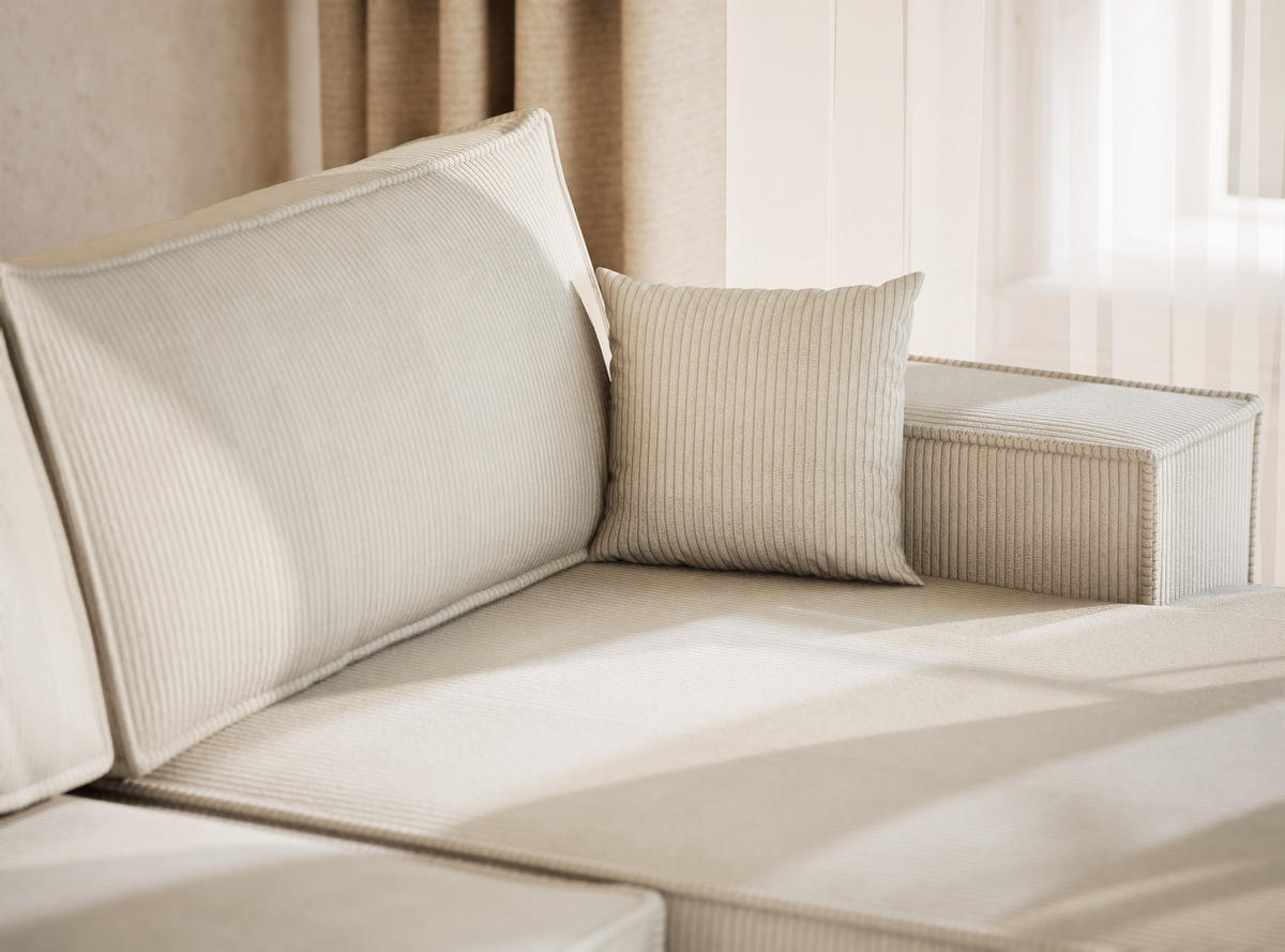 WOHNLANDSCHAFT Kyoto Creme Samtstoff - Creme/Schwarz, Holz/Holzwerkstoff (398/70/148cm) - Maison de Reve