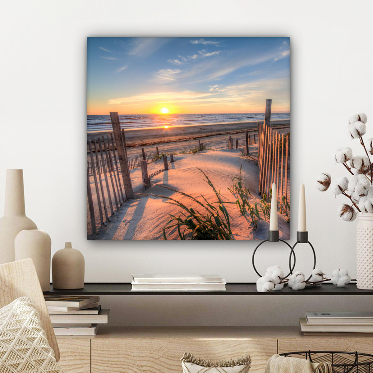 LEINWANDBILD Strand - Meer - Düne - Sonnenuntergang - Landschaft 50x50 cm - Beige, Textil (50/50cm) - MuchoWow