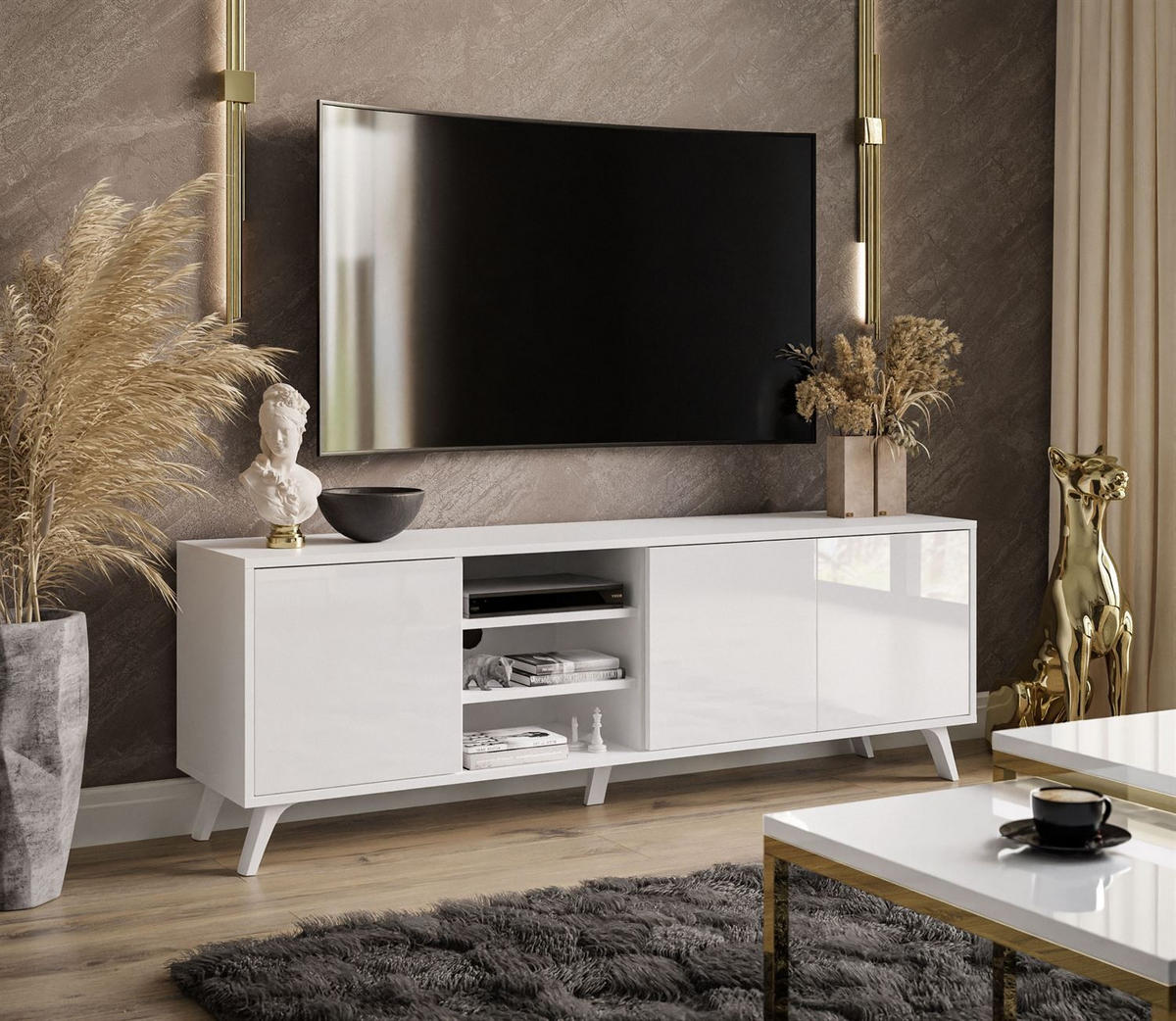 TV-ELEMENT SANAYI auf weißen Beinen mit Regalen Hochglanz Weiß - Weiß, Holzwerkstoff (156/54/38cm) - Lookway