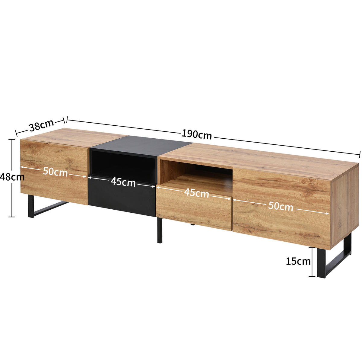 LOWBOARD 190/38/48 cm aus MDF mit 2 Türen und 2 Schubladen Schwarz/Naturfarben - Naturfarben, Holzwerkstoff (190/48/38cm) - Modenvie
