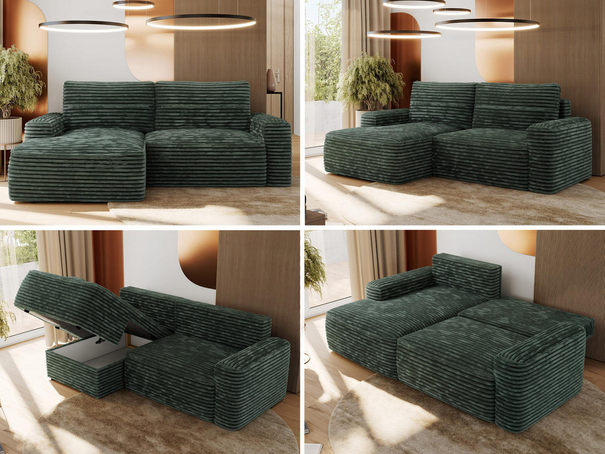 ECKSOFA BELLUNO L Grün Cord - Links - Schwarz/Grün, Textil (144/233cm) - MKS