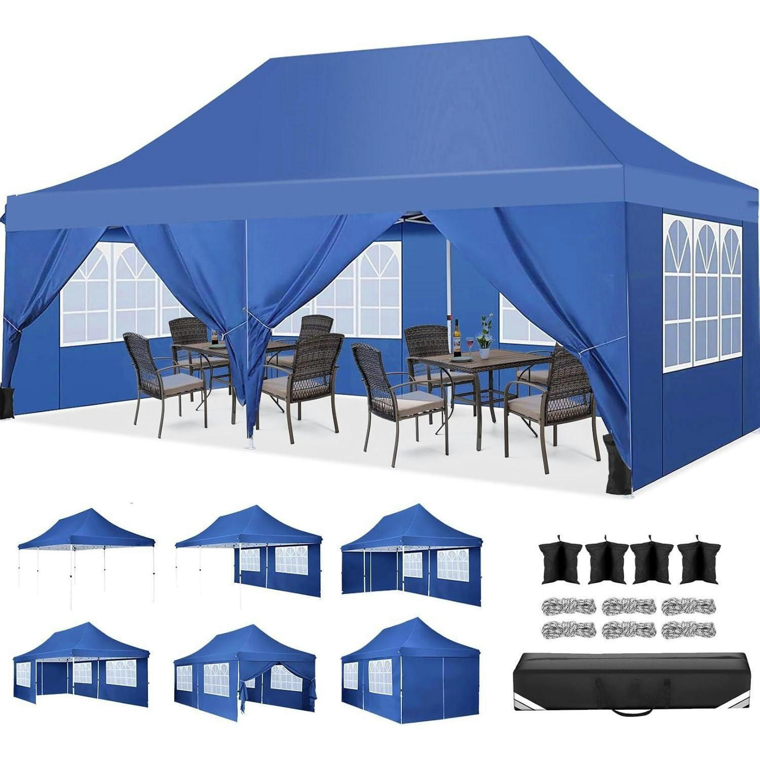 FALTPAVILLON 3 x 6 m wasserdicht mit 6 Seitenwänden - Blau, Textil (299.7/320/599.4cm)