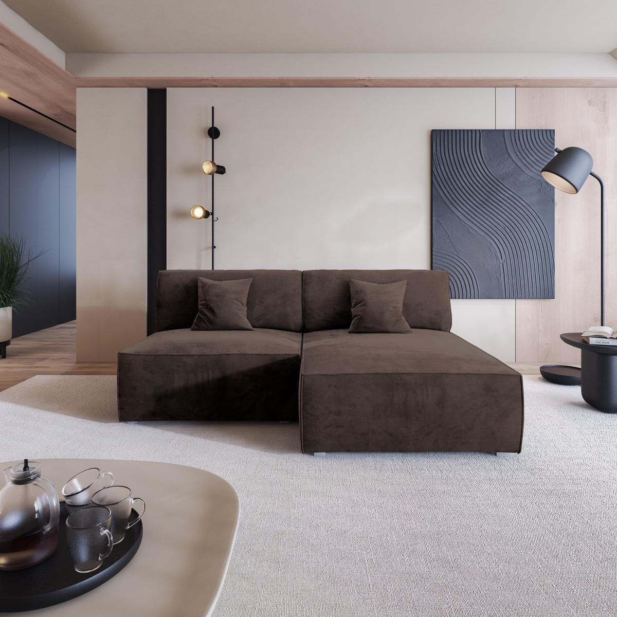 ECKSOFA FIORO M Braun Velours-Stoff mit Schlaffunktion - Braun/Grau, Holz/Kunststoff (204/148cm) - MASSENO