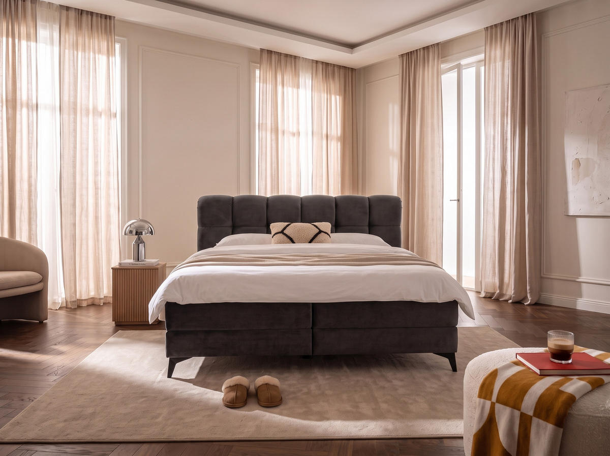 BOXBETT Marbella 160/200 cm Samt Anthrazit mit Bettkasten, mit Matratze, mit Topper H2/H3 - Anthrazit/Schwarz, Textil (160/200cm) - wonello