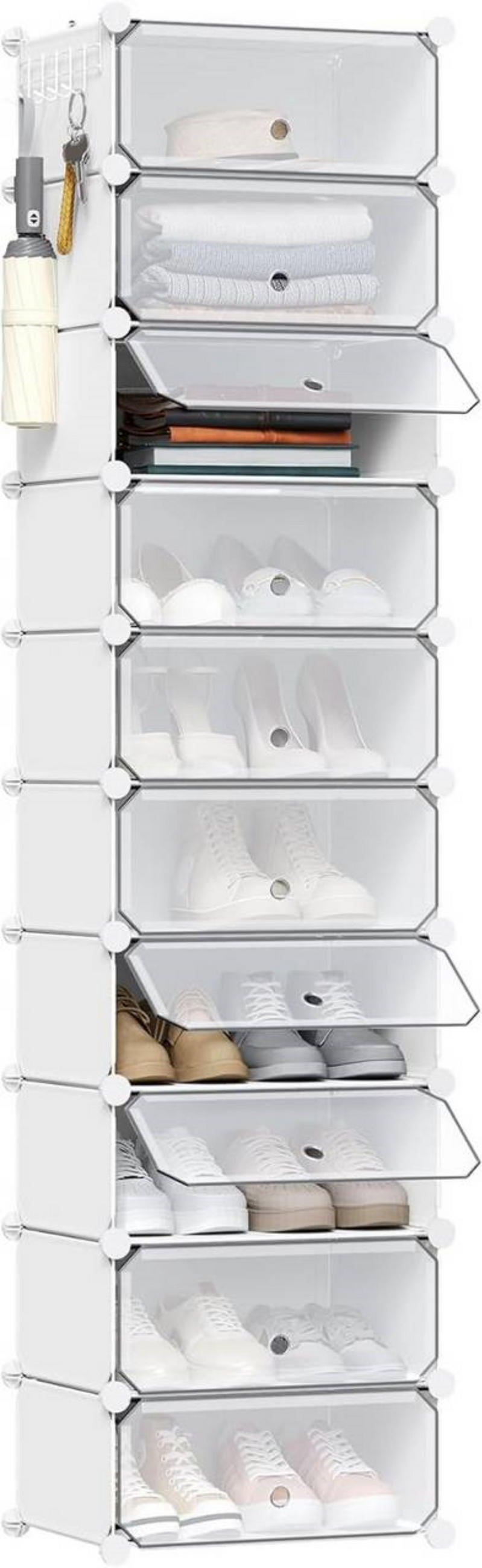 SCHUHBOX 10 Fächer, mit Haken, 40x30x170 cm, Weiß - Weiß, Kunststoff/Metall (40/170/30cm) - Woltu