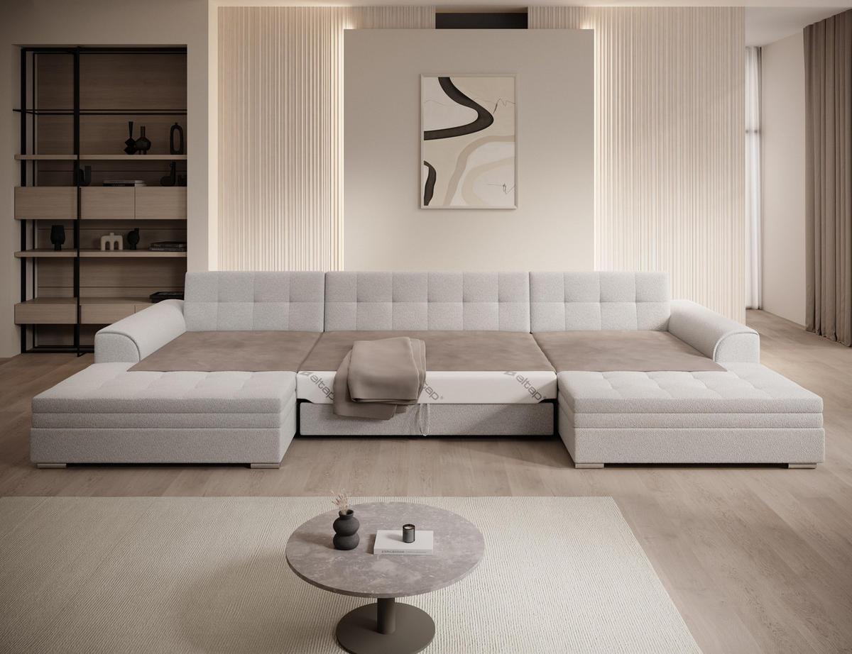 WOHNLANDSCHAFT VENTO U-Form – Großzügiges Ecksofa mit Schlaffunktion & Kissen 359 cm - Weiß, Kunststoff (359/165cm) - Wohnideebilder