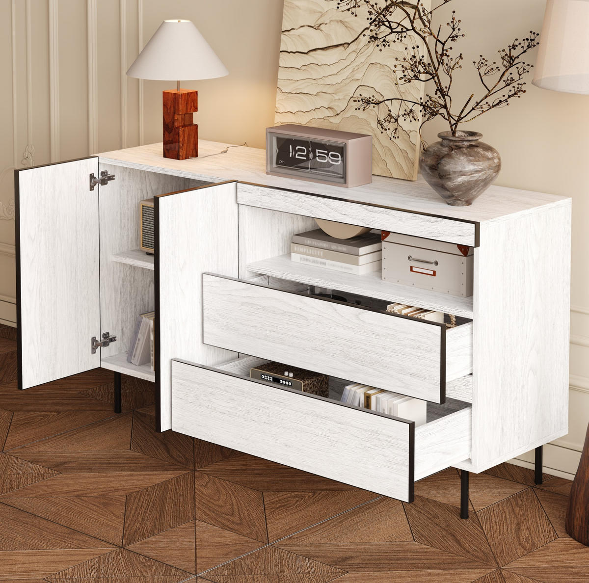 SIDEBOARD z dřevotřísky, 140/42/77 cm, bílá s tichým dovíráním - bílá, kompozitní dřevo (140/77/42cm) - Modenvie