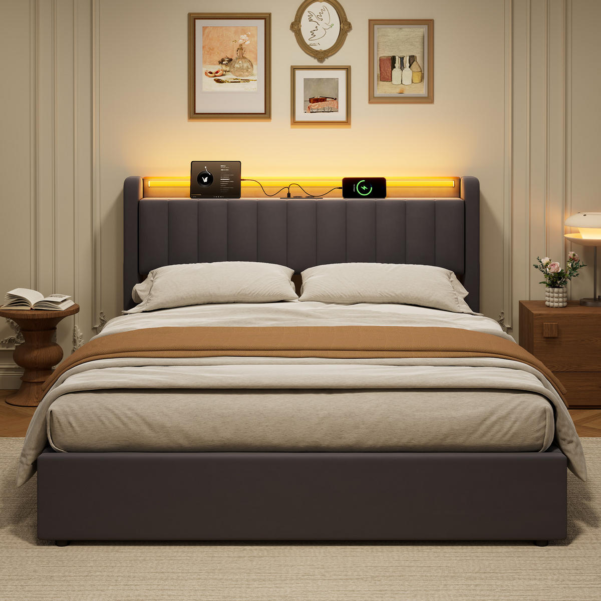 POLSTERBETT 160/200 cm in Grau, mit Bettkasten, Matratze, Stauraum, USB und LED Beleuchtung - Grau, Holzwerkstoff/Textil (160/200cm) - WISHDOR