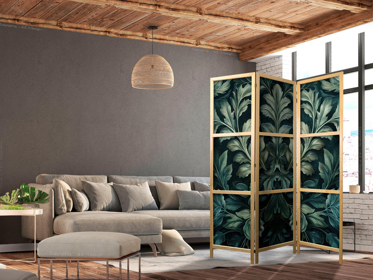 PARAVENT Japanischer 3-tlg 135x172 cm Bl tter Ornamente - Grün, Holz/Textil (135/172/3cm) - Muralo