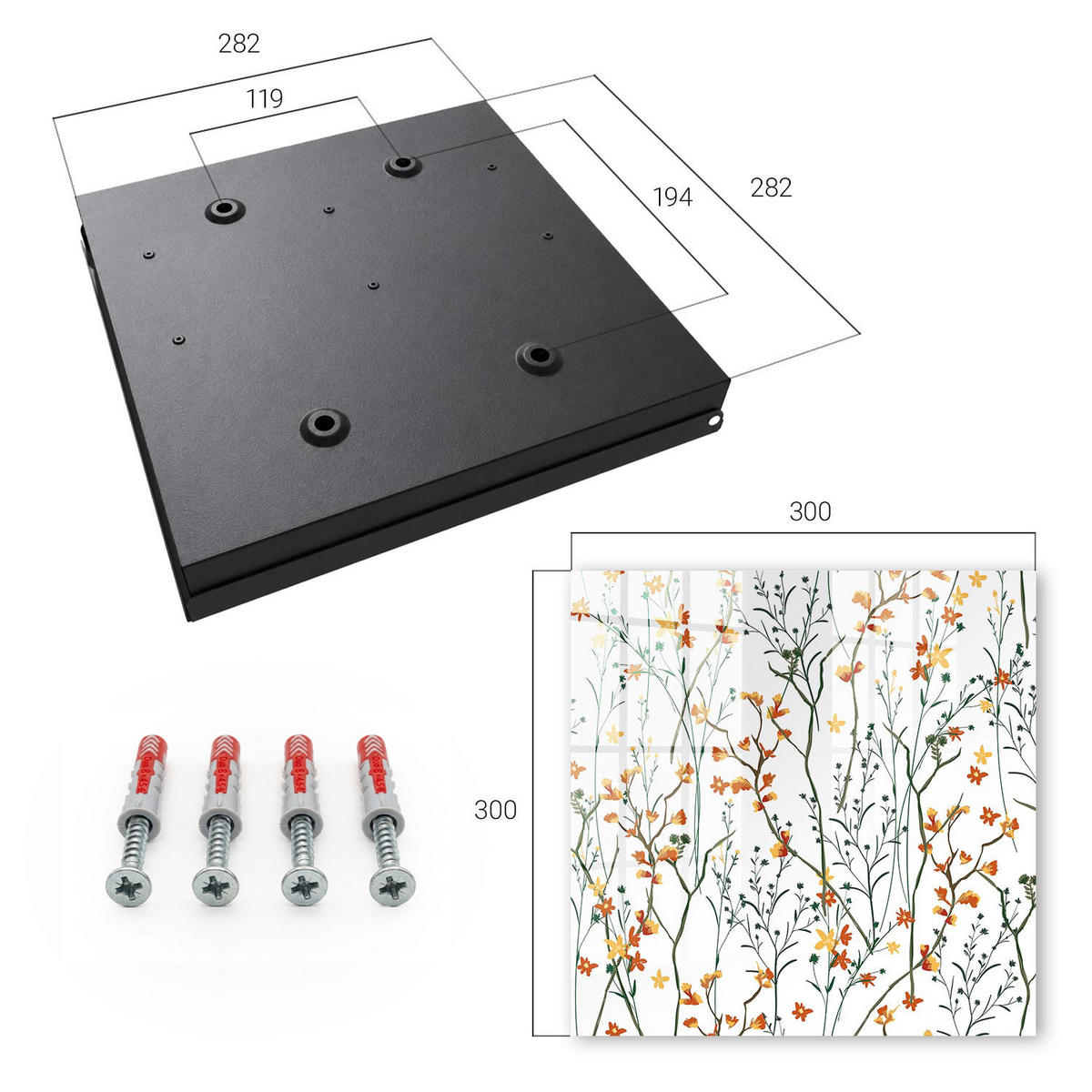 SCHLÜSSELBOX Schwarz 30x30 cm- Türöffnung nach rechts - Blumenmuster - Weiß, Metall (30/30/5cm) - TULUP