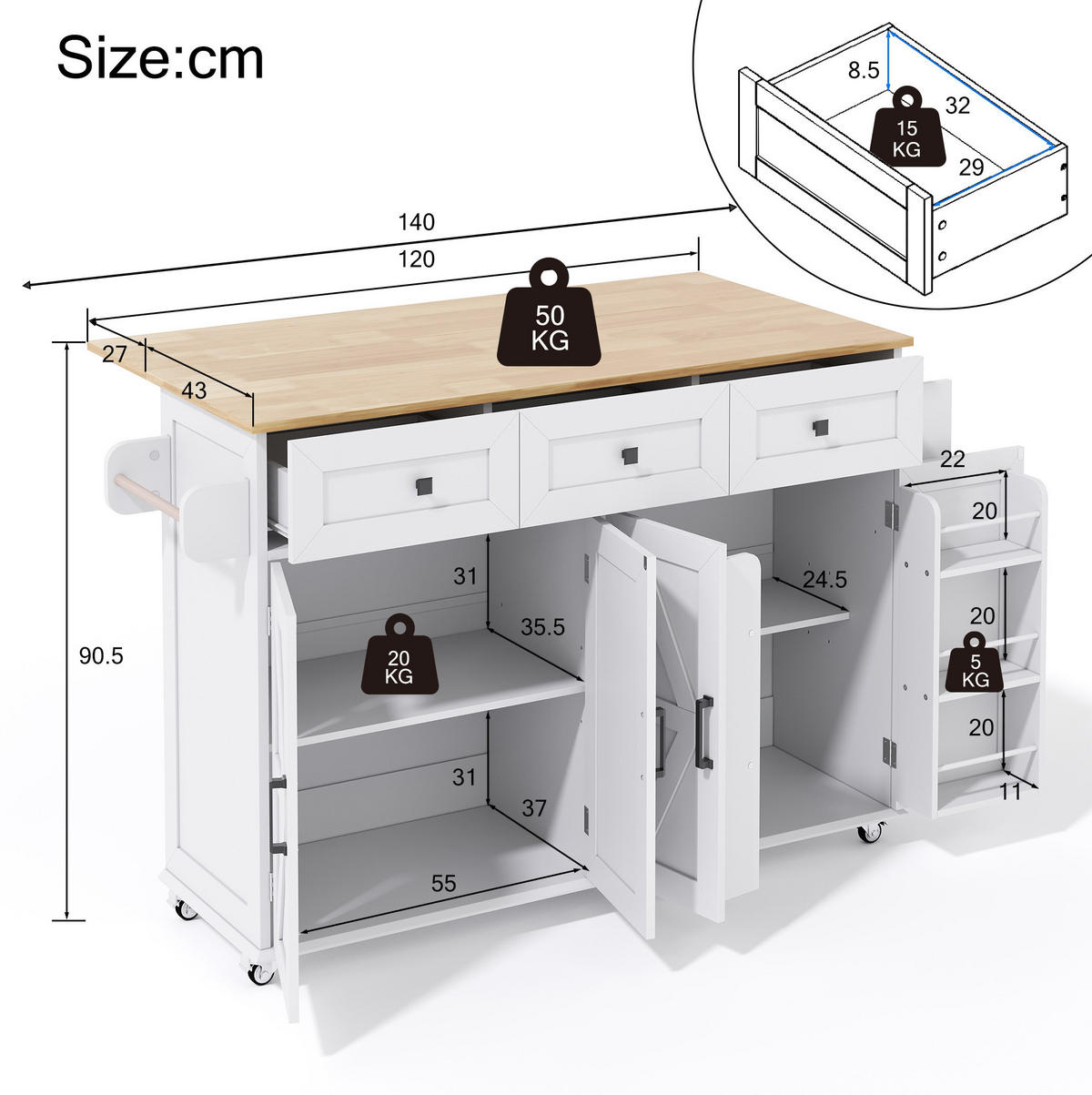 KÜCHENINSEL 140/43(70)/90,5 cm Weiß/Natur aus MDF mit klappbarer Arbeitsplatte - Weiß, Holzwerkstoff (70/93/140cm) - OKMYHOME