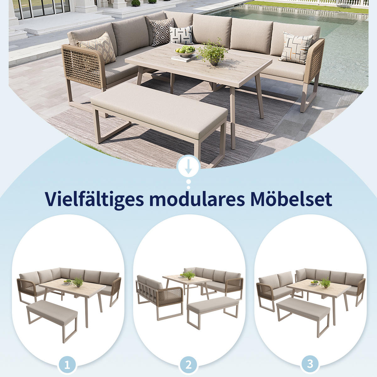 LOUNGESET 6-8 Personen PE-Rattan Beige Mit Hochwertigen Kissen - Beige, Metall - FLIEKS