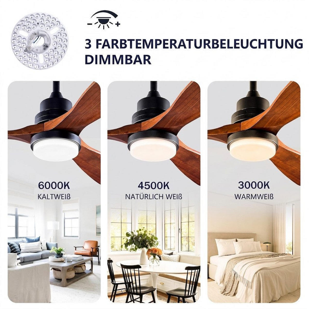 DECKENVENTILATOR & 3 Holzflügeln, 3-Stufen Dimmer, DC-Motor(35dB) - Schwarz, Holzwerkstoff (132/132/45.7cm) - BEXEVUE