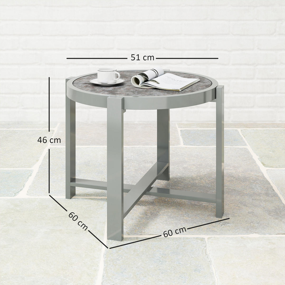 BEISTELLTISCH DE-07281 rund, wetterfest mit Marmoroptik Grau - Grau, Glas/Metall (60/60/46cm) - ComfortXL
