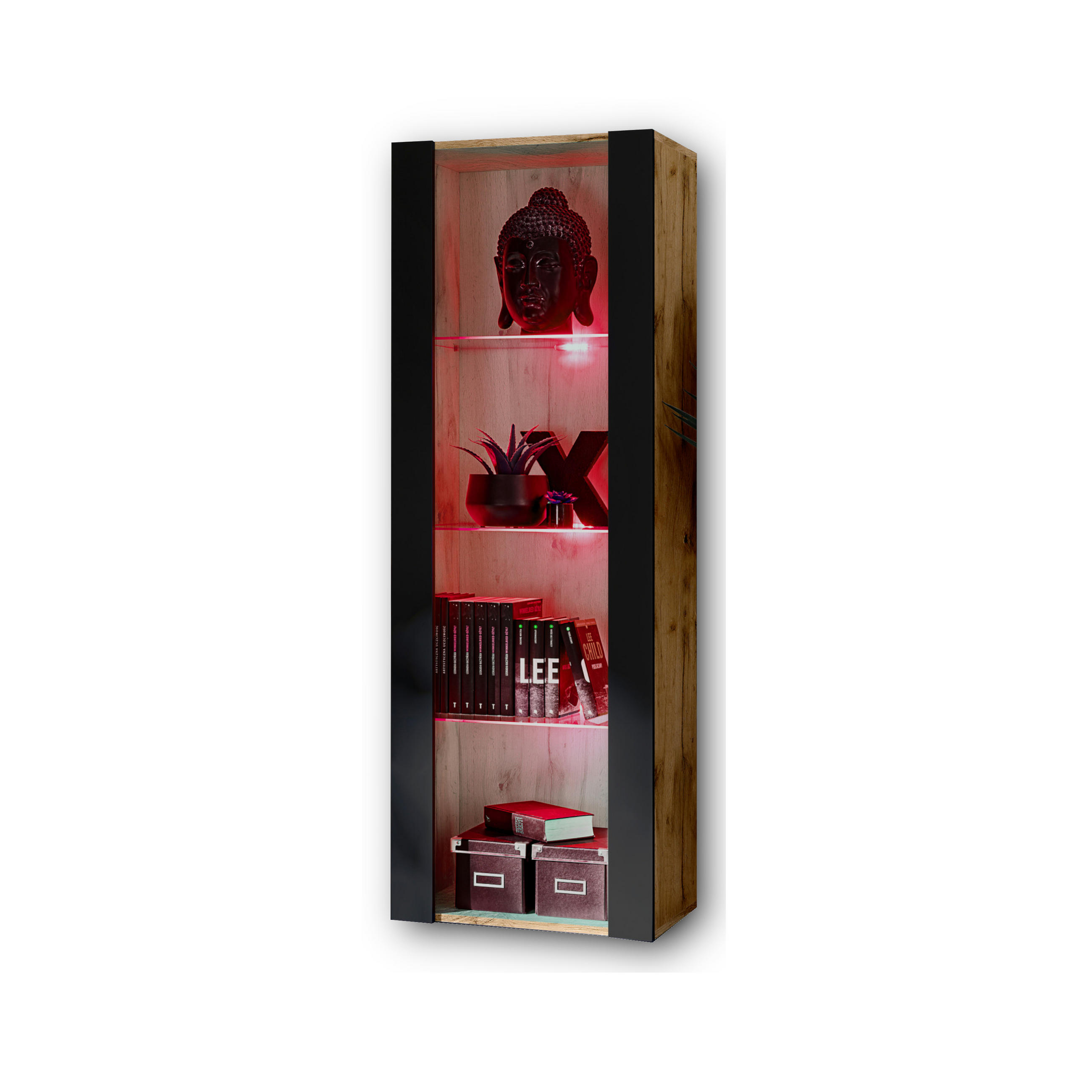 VITRINE TIVOLI, Eiche Wotan + Schwarz, LED Mehrfarbige - Eiche Wotan/Schwarz, Glas/Holzwerkstoff (55/159/35cm) - Komodee