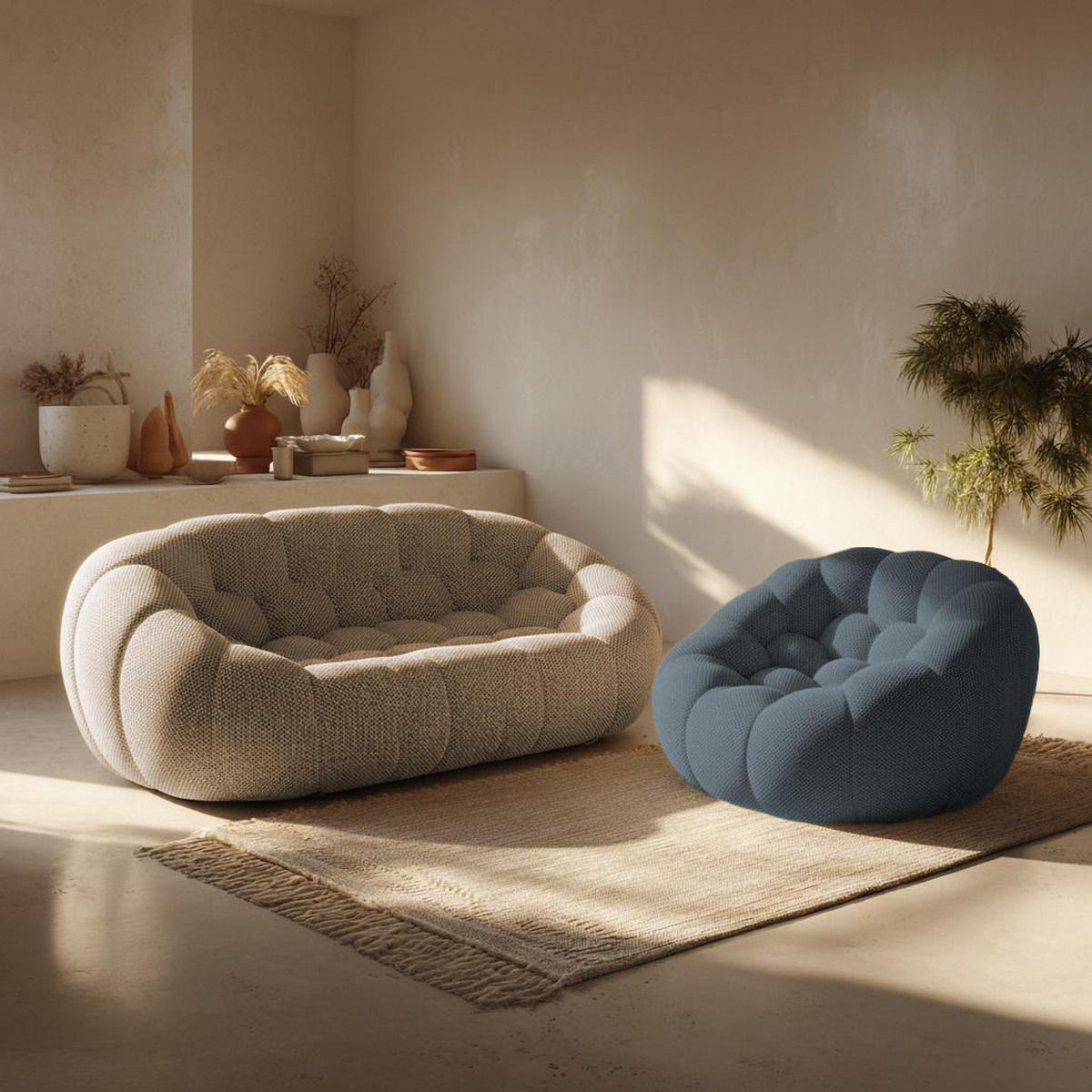 SITZGARNITUR Cocoon Sofa und Sessel Sand und Blau - Sandfarben/Blau, Textil (190/75/113cm) - COCO Living