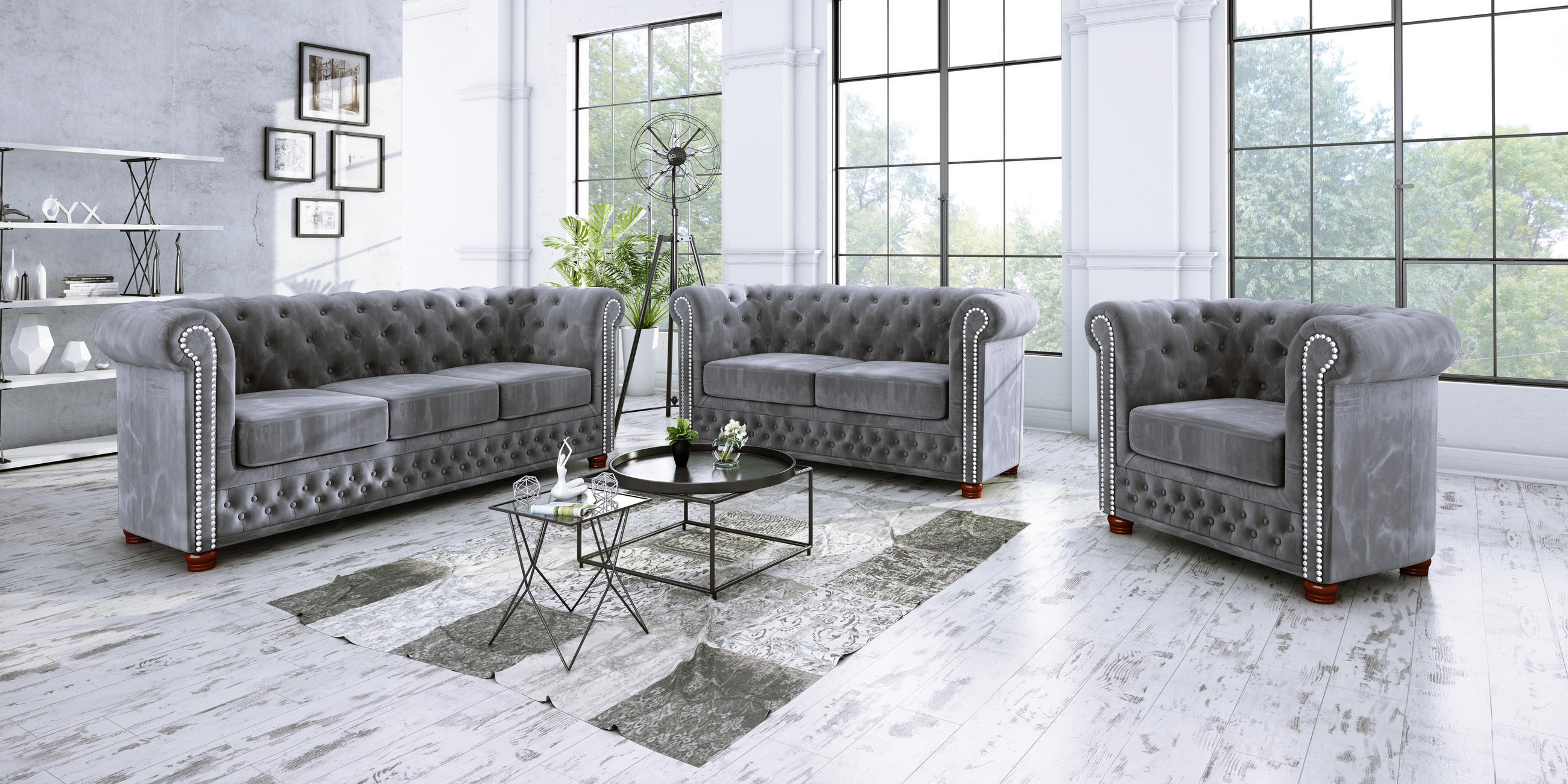 SITZGARNITUR 3+2+1 Chesterfield Lauren Grau Samt - Braun/Grau, Holz/Textil (203/72/86cm) - S-Style Möbel
