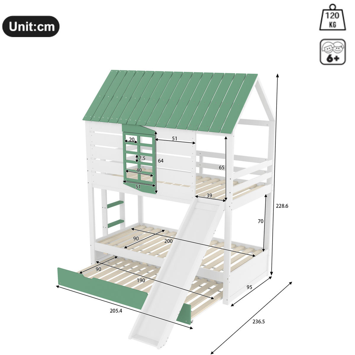 HAUSBETT 90/200 cm mit Rutsche und Ausziehbett in Weiß/Grün - Weiß, Holzwerkstoff (90/200cm) - BEAOK