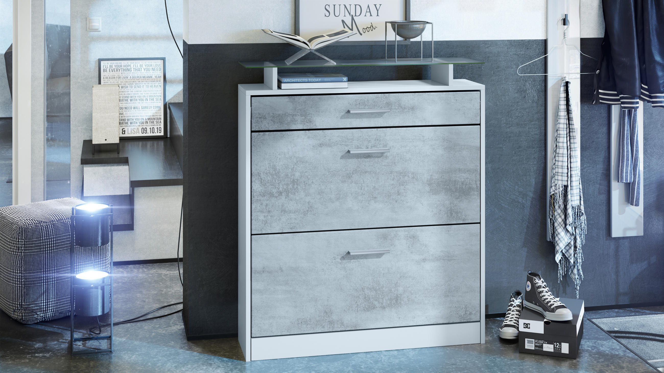 SCHUHSCHRANK Loret Front in Beton Oxid Optik - Hellgrau, Holzwerkstoff (89/104/23cm) - Vladon