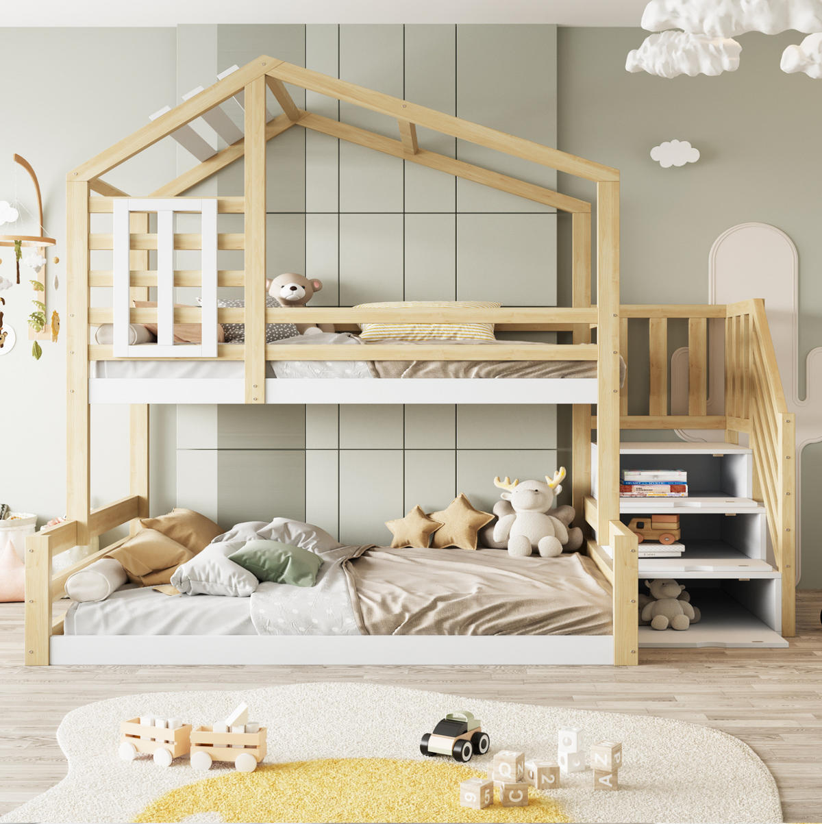 POSCHODOVÁ posteľ 90/200 a 140/200 cm prírodná z borovicového dreva a MDF s úložnými schodmi a oknom - prírodná farba, drevo (90/200cm) - OKWISH