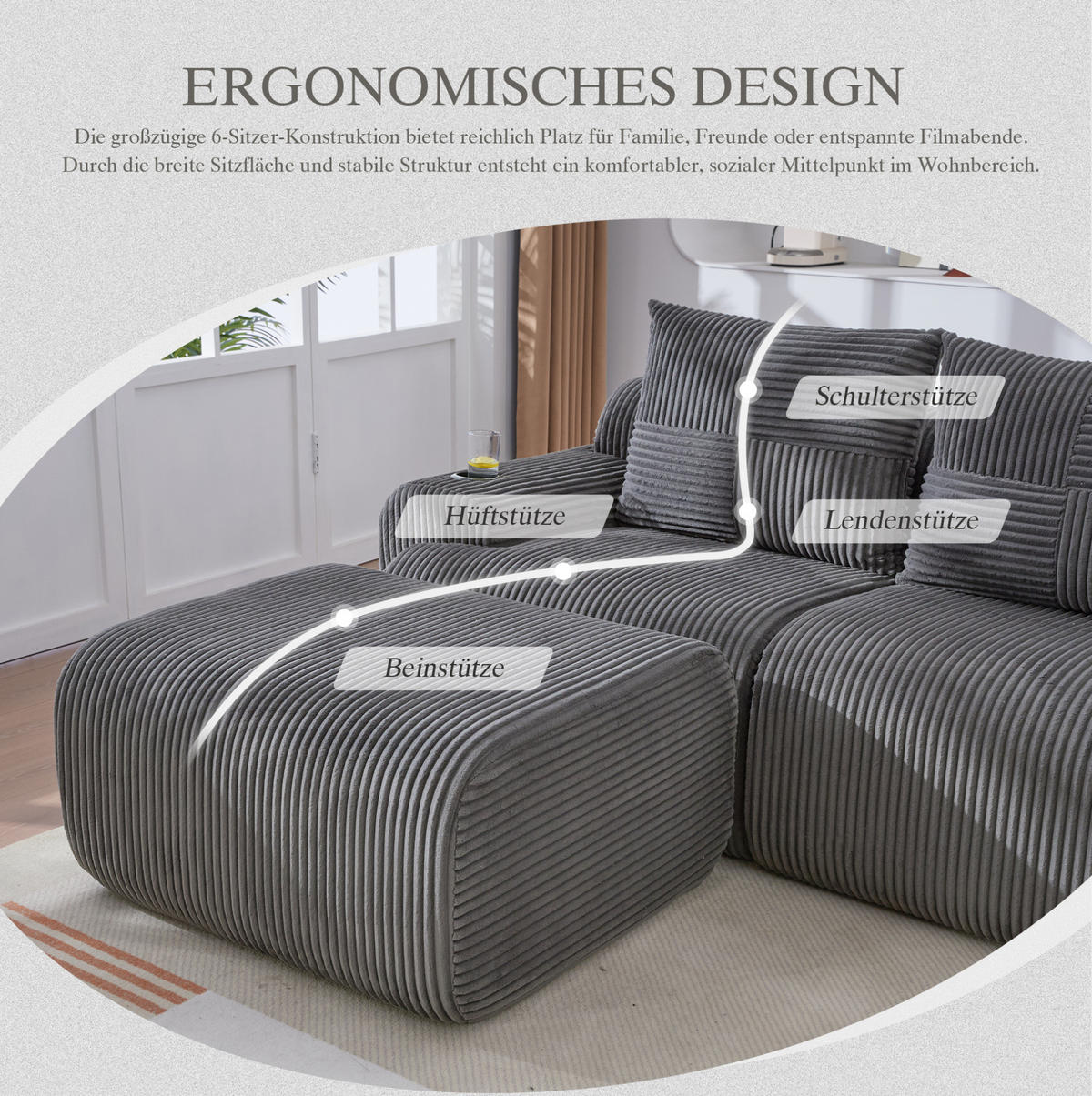 4-SITZER Wohnlandschaft Cord mit Getränkehalter und Seitentasche inklusive 2 Hocker 333/174/80 cm Dunkelgrau - Dunkelgrau, Textil (174/80/333cm) - Redom