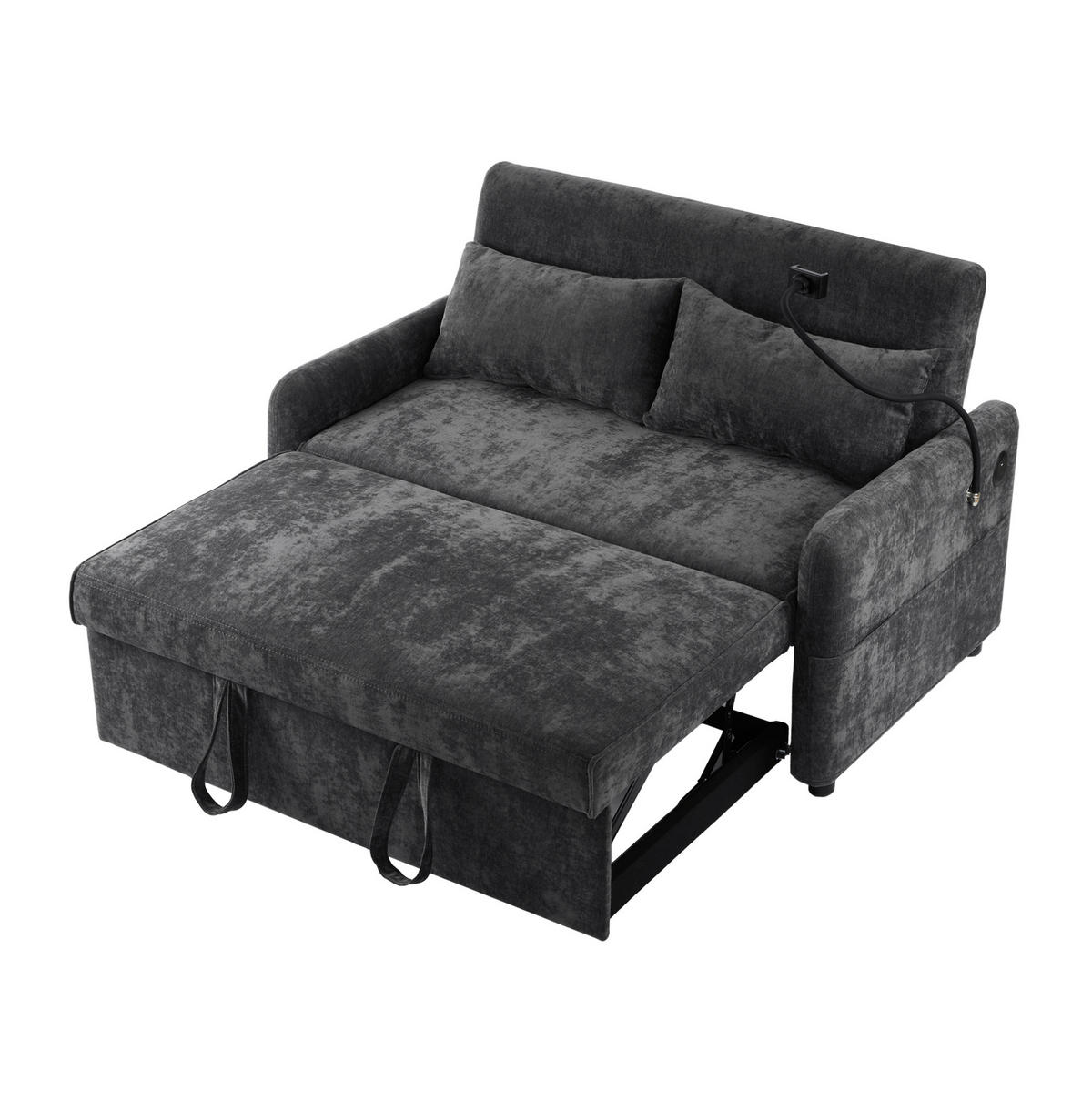 SCHLAFSOFA aus Chenille 129x76x81 cm Grau ausziehbar mit USB-Anschluss, verstellbarer Rückenlehne und Seitentaschen - Grau, Textil (76/81/129cm) - Modfu