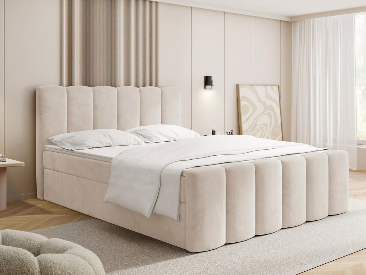 BOXBETT Serenity mit Bettkasten, Samt Beige 140x200 cm – inkl. H4 Taschenfederkern Matratze & Foam Topper - Ecru/Beige, Holz/Holzwerkstoff (140/200cm) - WFL GROUP
