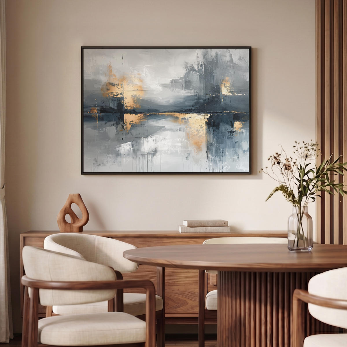 LEINWAND Bilder mit Rahmen - Kunst - Grau - Gold - Abstrakt - 100x70 - Dunkelgrau, Textil (100/70cm) - MuchoWow