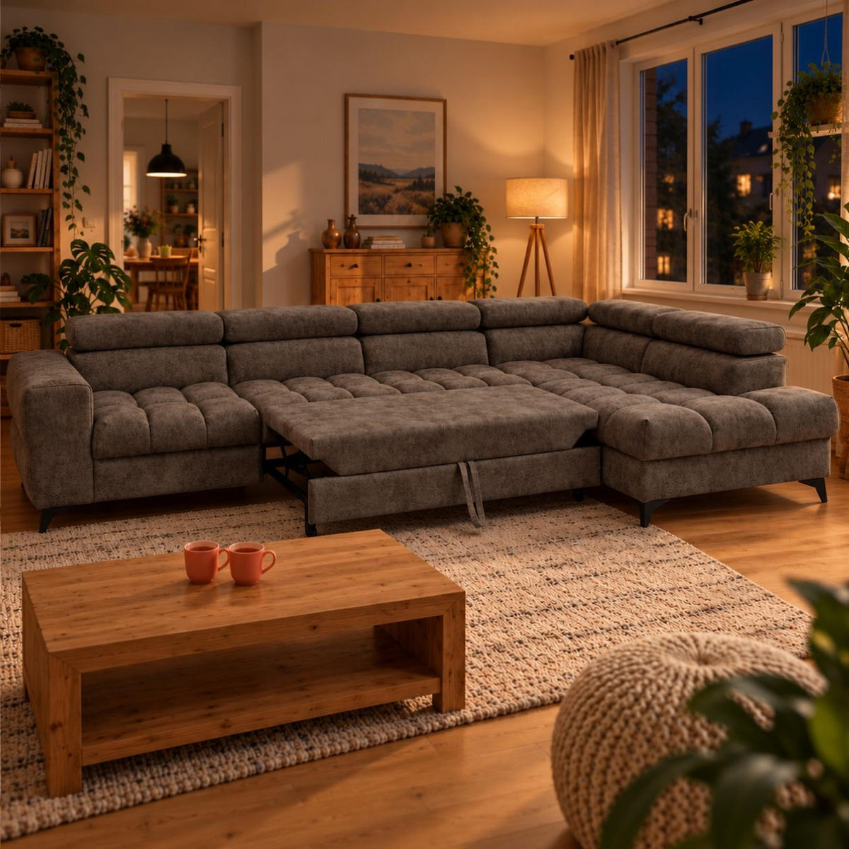 ECKSOFA PUDDING MAXI L Rechts mit Schlaffunktion 125x195 Velours Braun - Schwarz/Braun, Holz/Textil (203/350cm) - Muffo