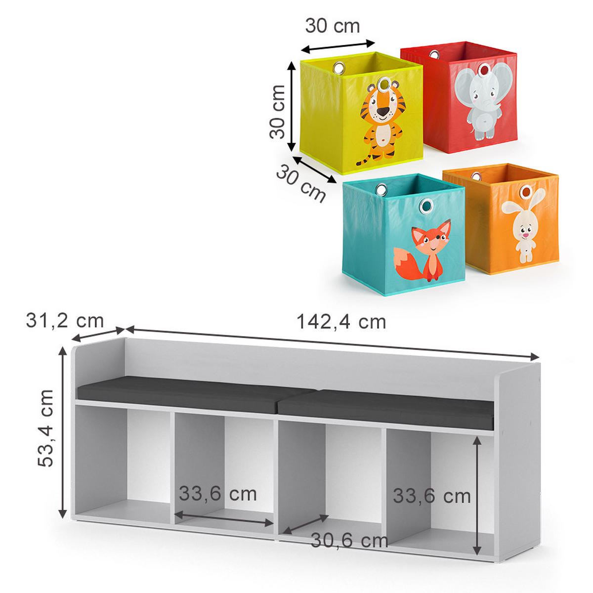 KINDERSITZBANK Luigi Weiß 142.4 x 53.4 cm 4 Fächer, mit Faltboxen bunt - Weiß, Holzwerkstoff (142.4/53.4/31.2cm) - Vicco