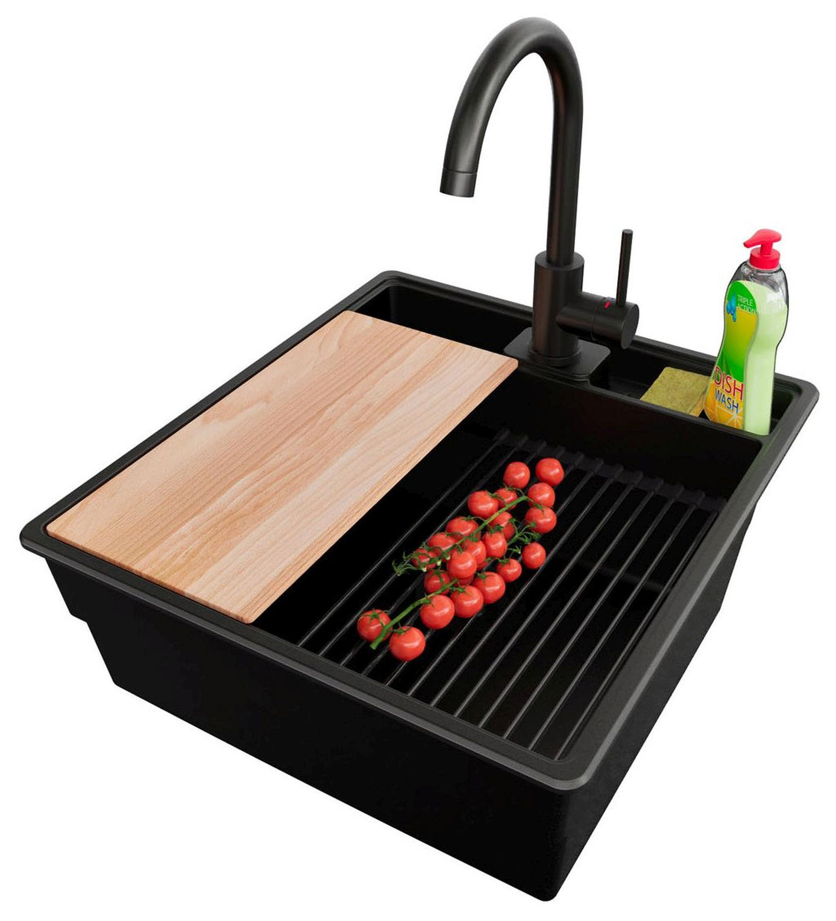 GRANITSPÜLE New York, 2-er set Alles Schwarz 48/53 cm 1 Becken + Küchenarmatur 32/20 cm + Ablauf-Set + Küchenzubehörset ab 50er Unterschrank - Beige/Schwarz, Kunststoff (48/20/53cm) - Primagran