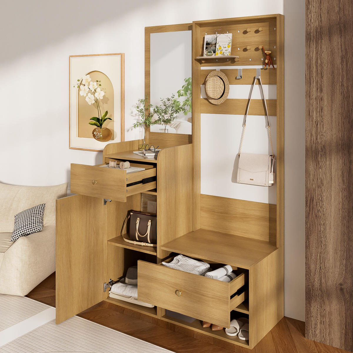 GARDEROBE mit Spiegel 105 x 38 x 180 cm Holzfarben - Braun, Holzwerkstoff (38/180/105cm) - Beauniv