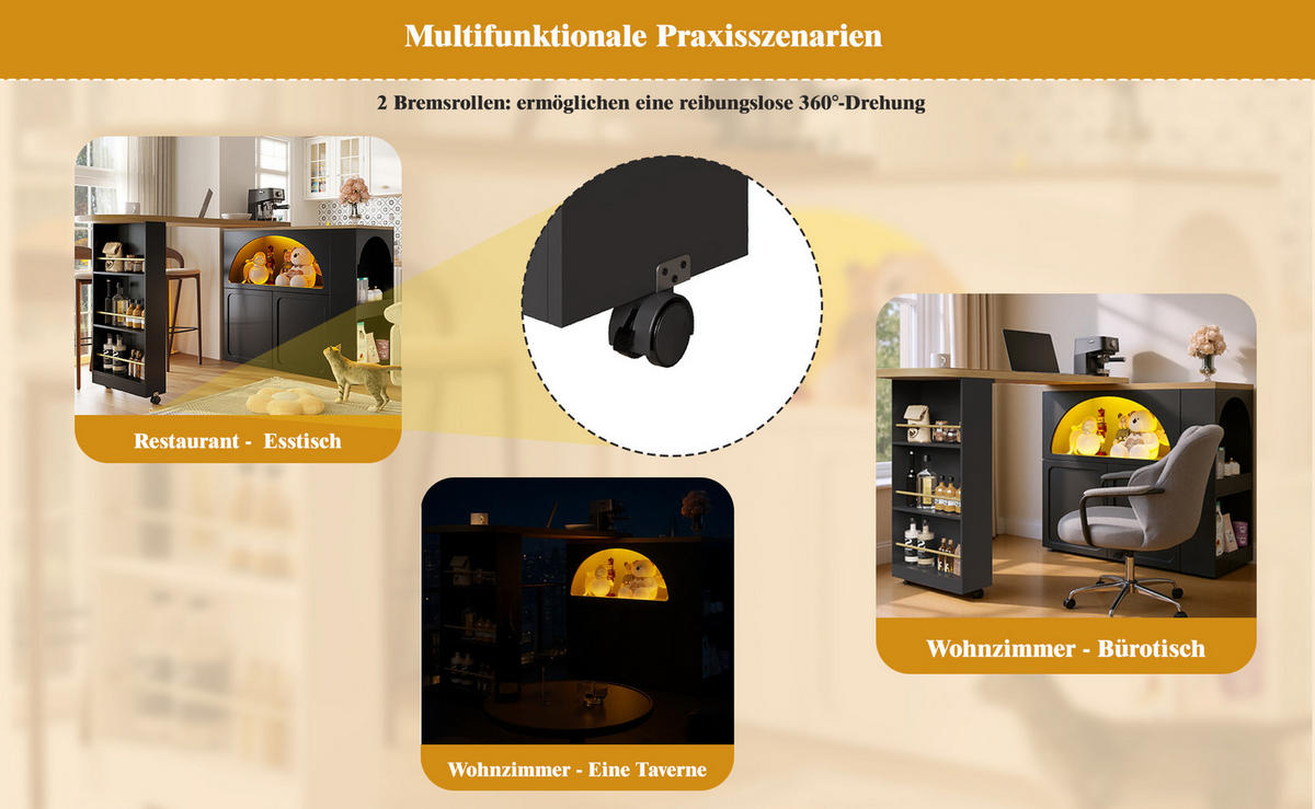 AUSZIEHBARER Bartisch MDF mit Stauraum & LED, 135-205/39/100 cm, Schwarz - Schwarz, Holzwerkstoff (39/100/135cm) - Redom