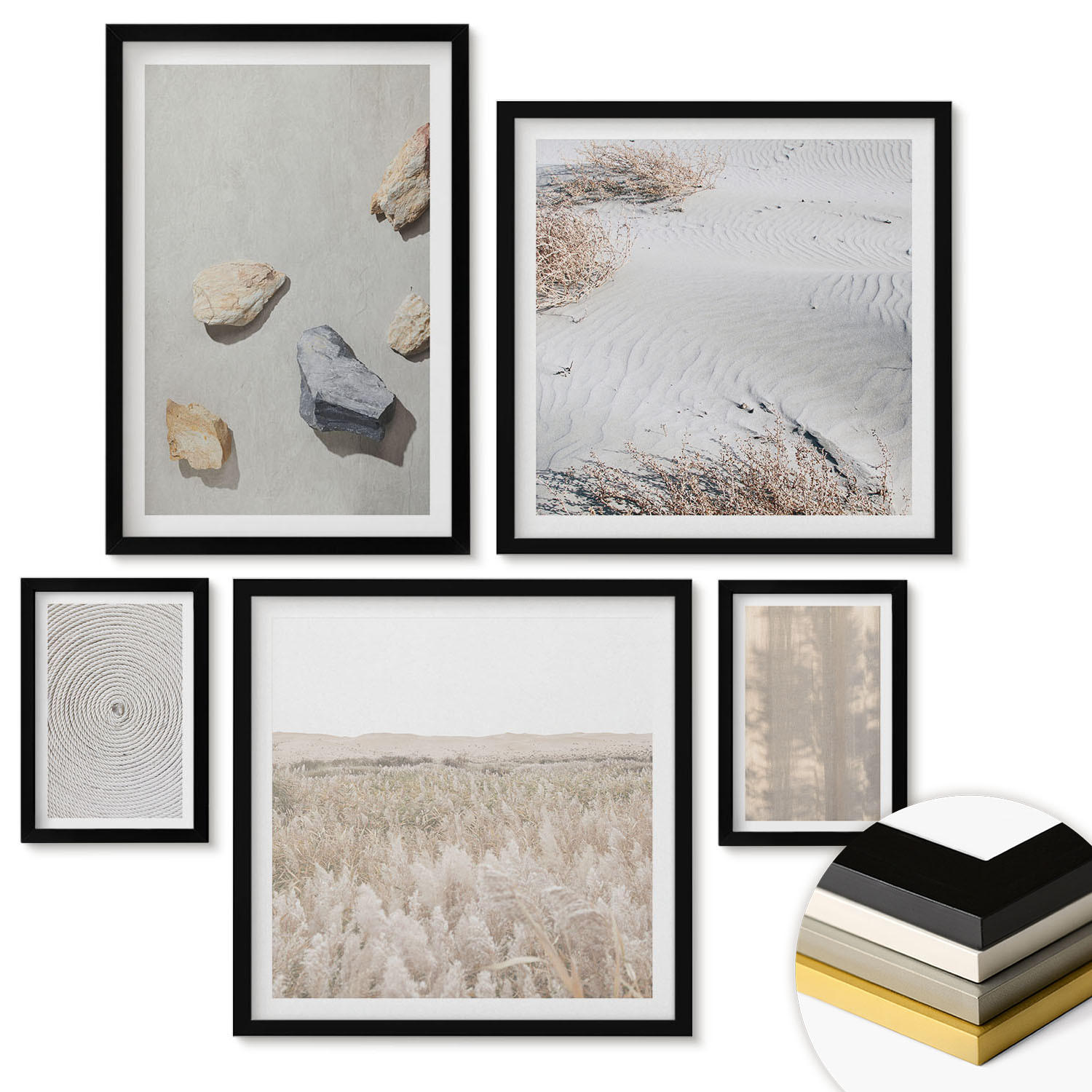 WANDBILDER 5er-Set - 50x50 cm & 20x30 cm & 40x60 cm Schwarzer Rahmen - Boho-Naturtexturen - Schwarz, Kunststoff (40/60cm) - ArtPrintCave