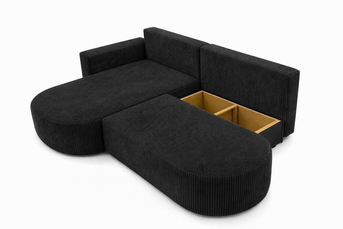 ECKSOFA Mit Schlaffunktion Und Bettkasten, Cordstoff Poso, Schwarz, Links, ROUND ONE OPEN XL - Schwarz, Holz (262/175cm) - Kaiser Möbel