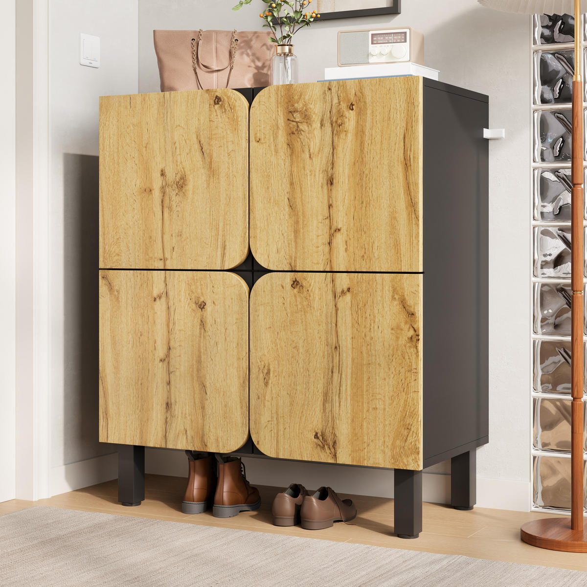 SCHUHSCHRANK 4 Türen verstellbar Metallbeine - Naturfarben, Holz (80/95/38.5cm) - LEBENLANG