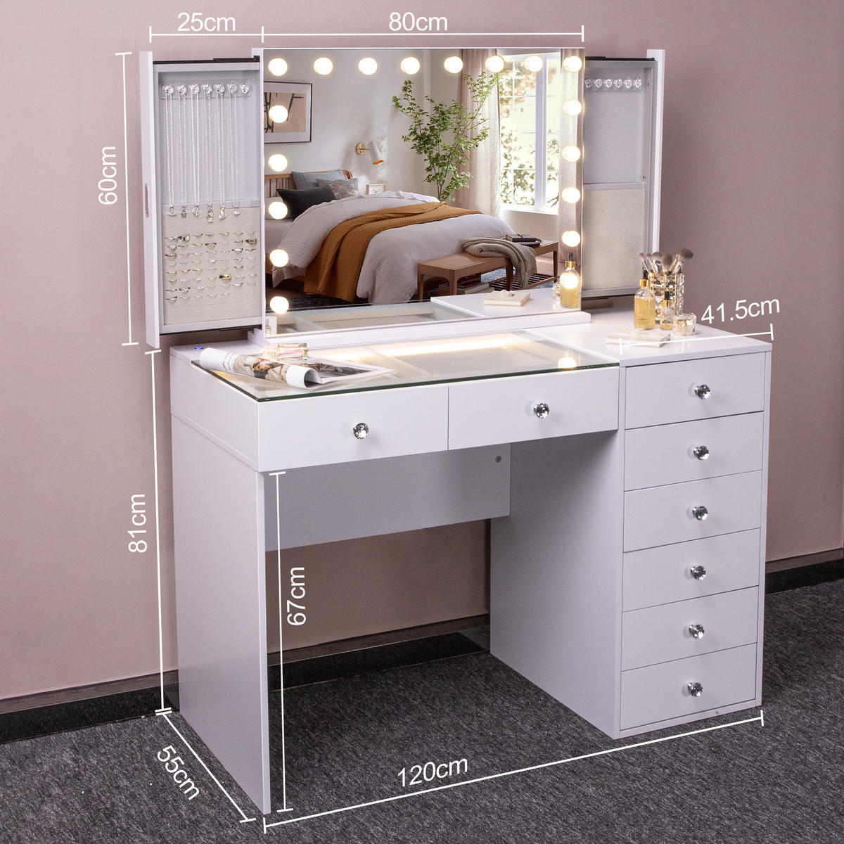 SCHMINKTISCH mit 8 Schubladen 120/55/81 CM und LED Beleuchtung integrierter Schmuckbox und Bluetooth weiß 80/60 cm - Weiß, Holz (55/81/120cm) - VANITII