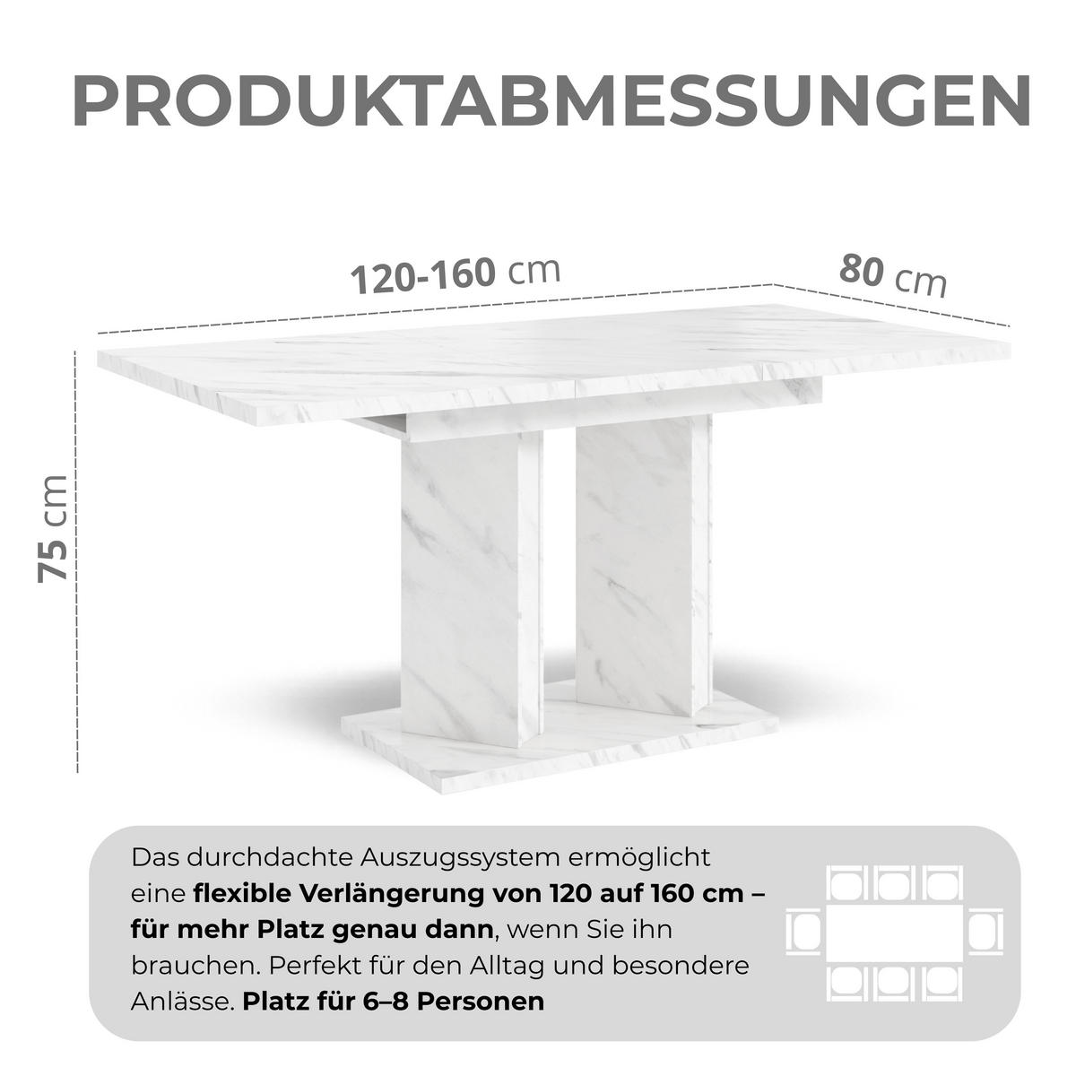 ROZKLADACÍ jedálenský stôl, biely, dekor mramoru - biela s vysokým leskom, kompozitné drevo (80/160/75cm) - Home Collective