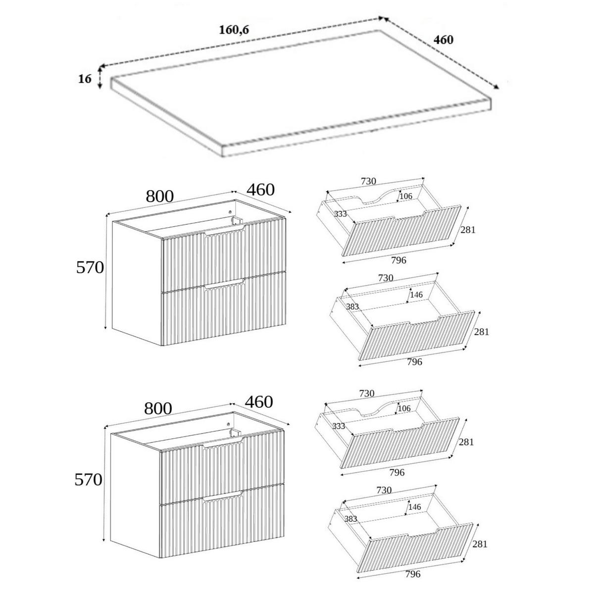 BADEZIMMERSCHRANK : Beige/Eiche, Craft 160 (2 x 80) x 58,6 x 46 cm - Beige/Braun, Holzwerkstoff (160/58.6/46cm) - 3XE LIVING