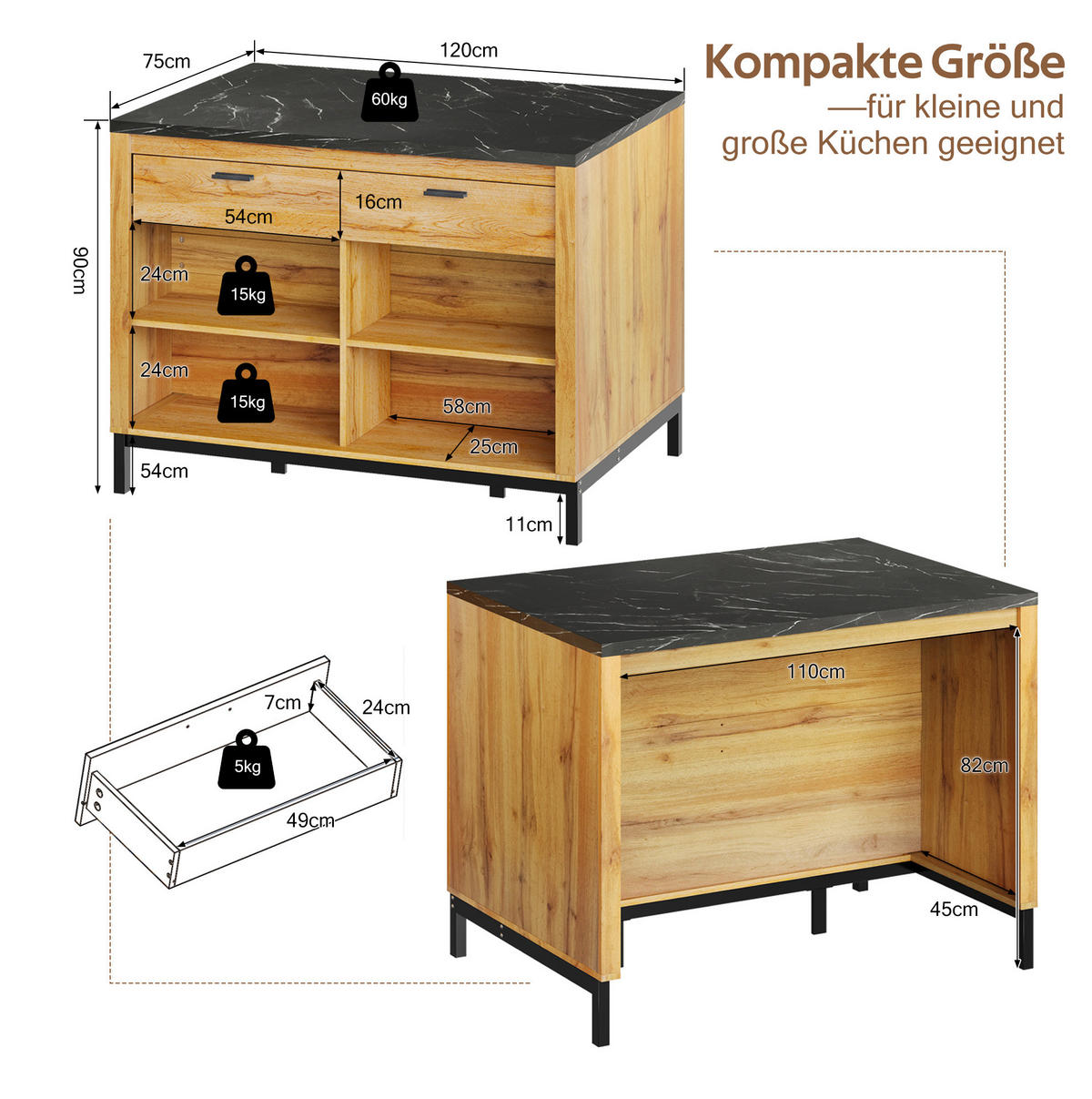 KÜCHENINSEL mit 2 Schubladen 120 x 75 x 90 cm Schwarz/Natur - Schwarz, Holz (75/90/120cm) - Beauniv