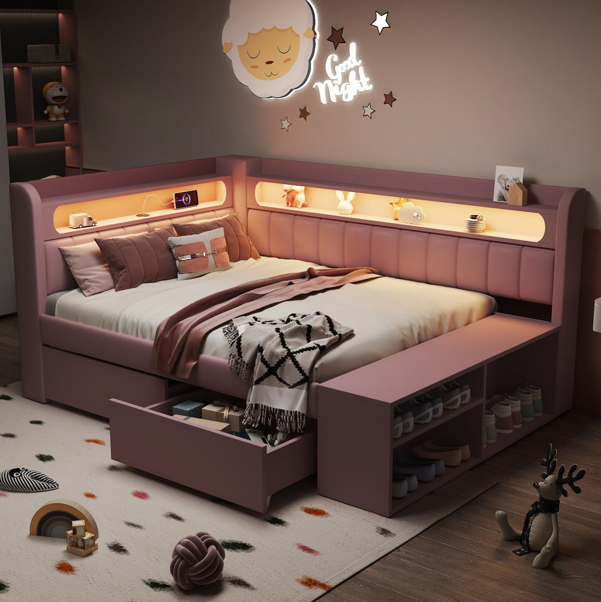 GEPOLSTERTES Schlafsofa 90/200 cm mit LED-Beleuchtung, USB-Anschluss, 2 Schubladen und Schuhschrank, Rosa - Weiß, Holzwerkstoff (104/91.5/212.5cm) - Redom